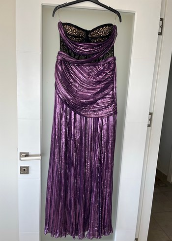 Parlak Mor Straplez Uzun Abiye Elbise - Görsel 3