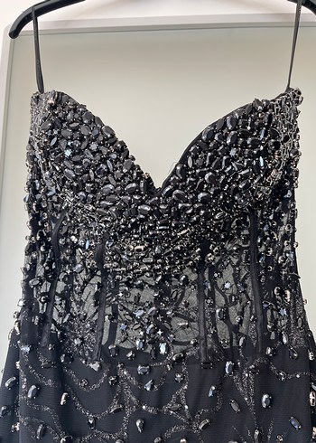 Siyah V Yakalı Payetli Uzun Abiye Elbise - Görsel 2