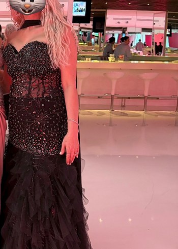 Siyah V Yakalı Payetli Uzun Abiye Elbise - Görsel 6