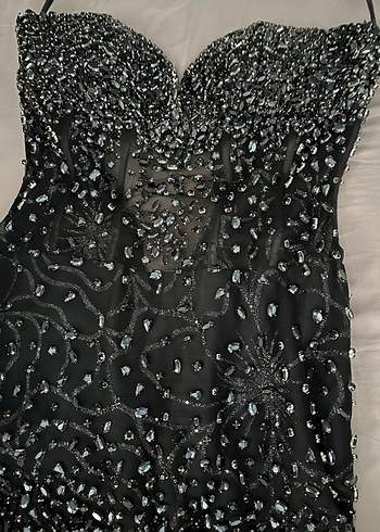 Siyah V Yakalı Payetli Uzun Abiye Elbise - Görsel 5