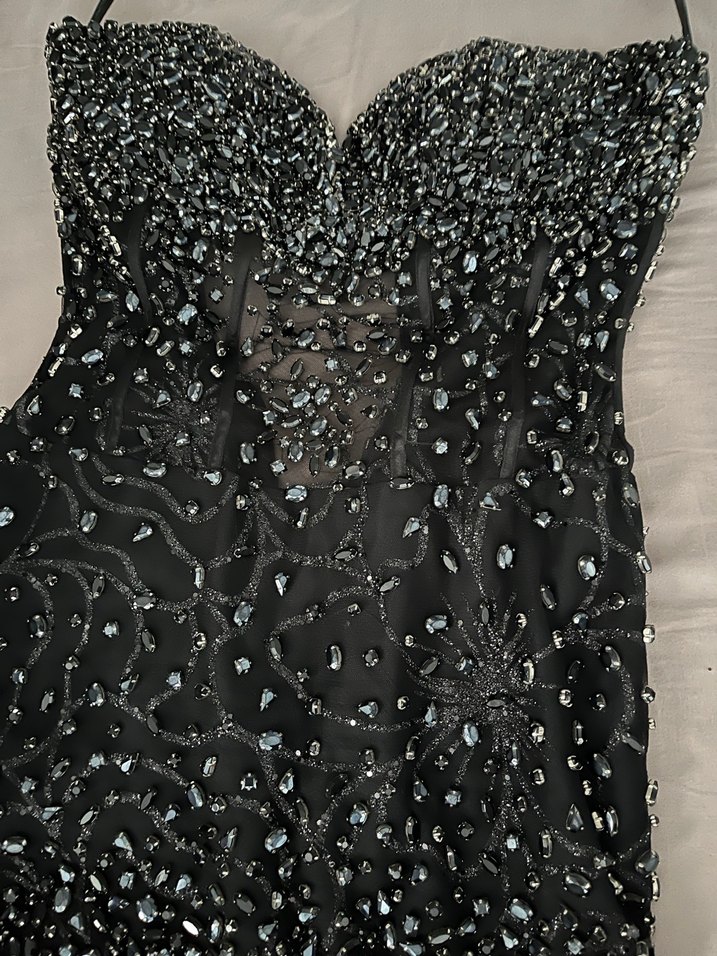 Siyah V Yakalı Payetli Uzun Abiye Elbise - Görsel 5