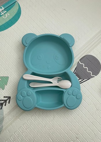Ayı Figürlü Mavi Çocuk Tabak ve Çatal Kaşık Seti