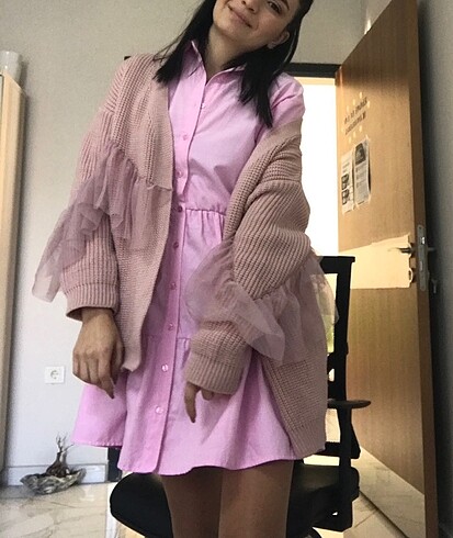 Trendyolmilla Pudra Midi Tül Detaylı Triko Hırka