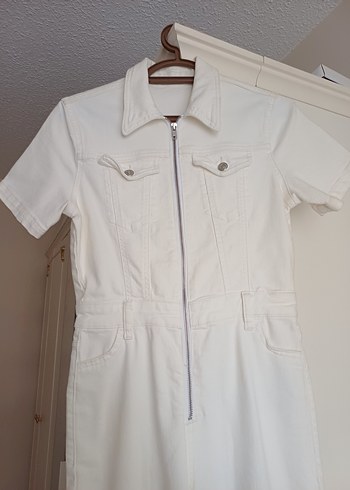 Beyaz Pamuklu Kadın Uzun Tulum - Görsel 2