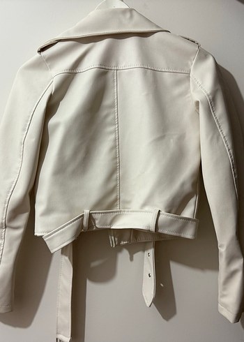 Beyaz Kemerli Kısa Deri Ceket - Görsel 4