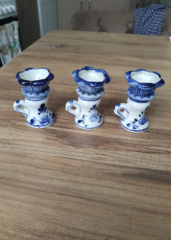 Mavi Çiçek Desenli porselen Mumluk Seti