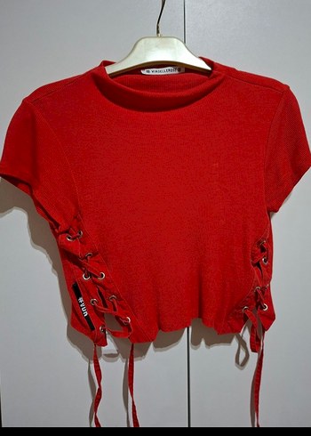 Diğer Kırmızı Yüksek Yakalı Kadın Crop Top