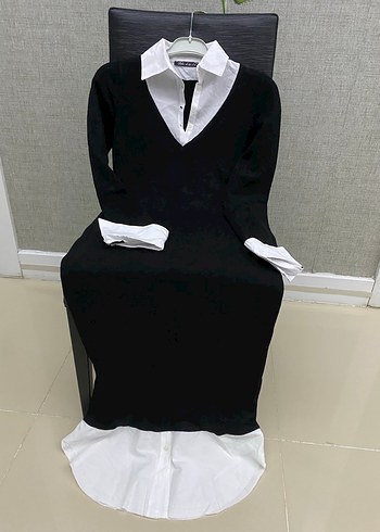 V Yaka Siyah Beyaz Uzun Triko Elbise - Görsel 3