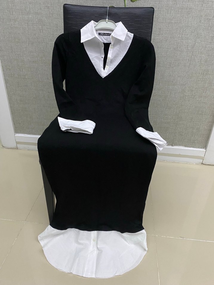 V Yaka Siyah Beyaz Uzun Triko Elbise - Görsel 3