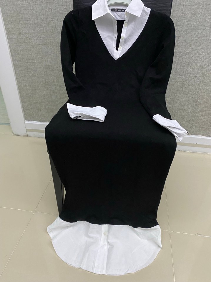 V Yaka Siyah Beyaz Uzun Triko Elbise - Görsel 2