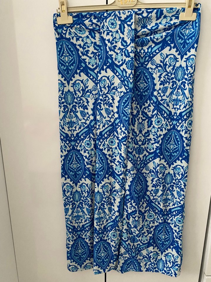 Mavi Drapeli Bağlama Desenli Uzun Hamile Eteği - Görsel 5