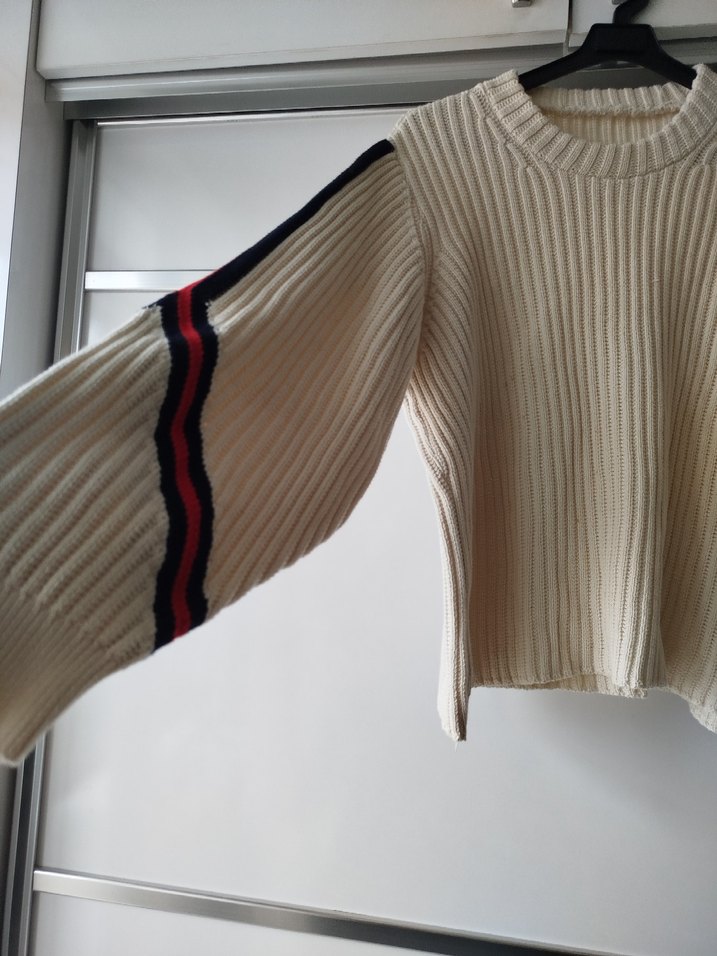 Lacivert ve kırmızı Çizgili Triko Kadın Kazak - Görsel 2