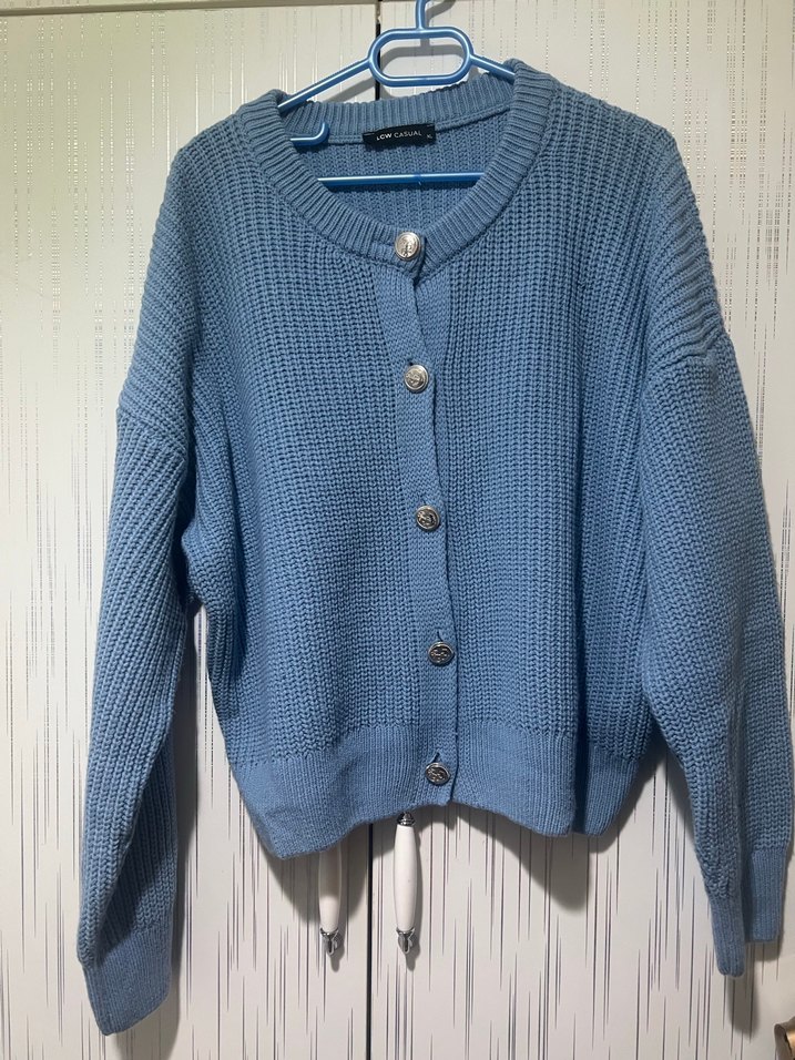 Mavi Örgü Kadın Hırka, Rahat Kesim, Uzun Kollu - Görsel 3