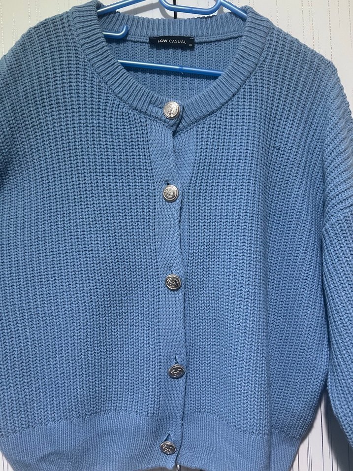 Mavi Örgü Kadın Hırka, Rahat Kesim, Uzun Kollu - Görsel 2