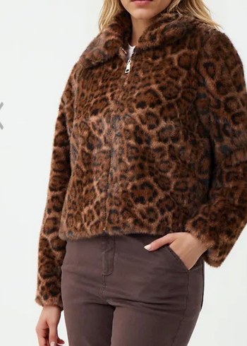 Jımm key Leopar Desenli Kahverengi Midi Peluş Ceket - Görsel 3