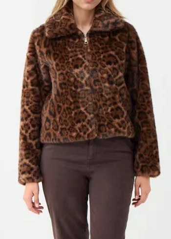 Jımm key Leopar Desenli Kahverengi Midi Peluş Ceket - Görsel 2