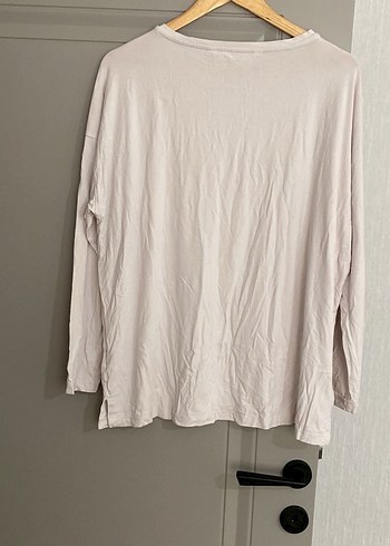 Bej Keten Kadın Uzun Kollu Salaş Tişört - Görsel 3