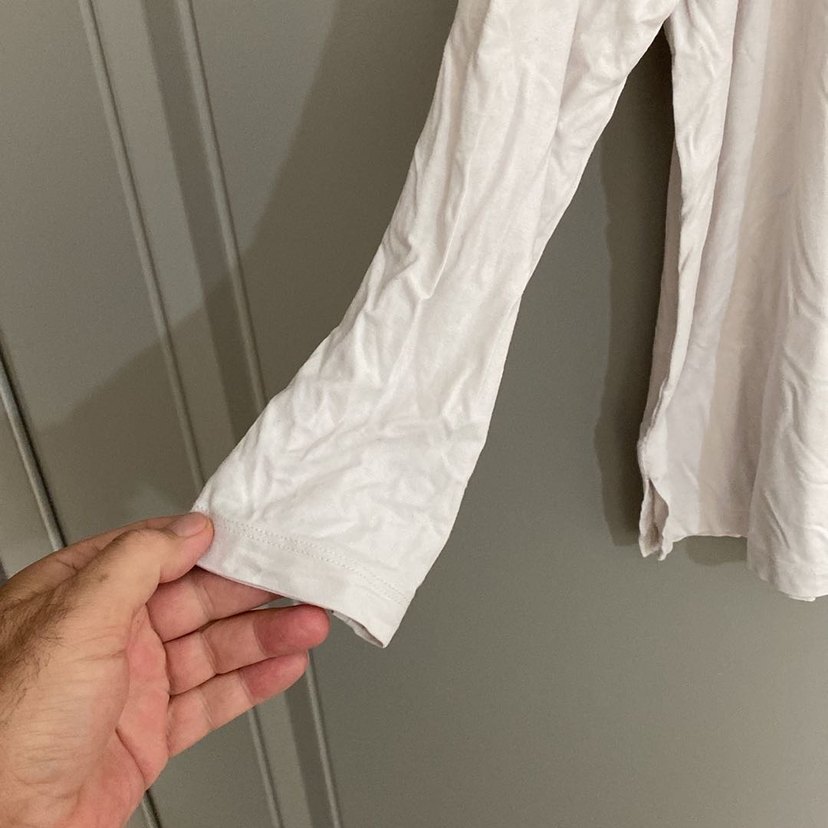 Bej Keten Kadın Uzun Kollu Salaş Tişört - Görsel 4