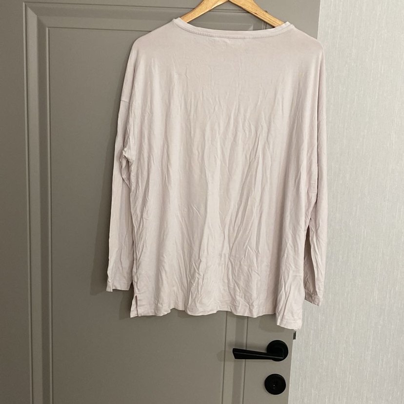 Bej Keten Kadın Uzun Kollu Salaş Tişört - Görsel 3