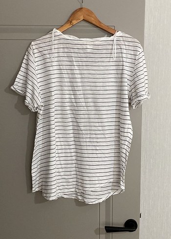 Çizgili Keten Kadın Tişört - Görsel 4