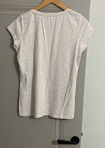 Kadın Gri Kısa Kollu Keten Tişört - Görsel 4