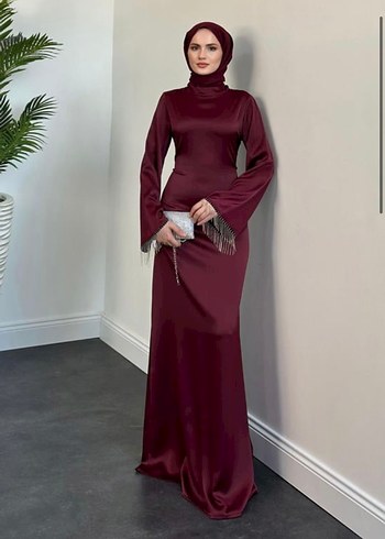 Bordo Uzun Kollu Yüksek Yakalı Abiye Elbise