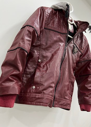 Diğer Bordo Parlak Erkek Çocuk Deri Biker Ceket