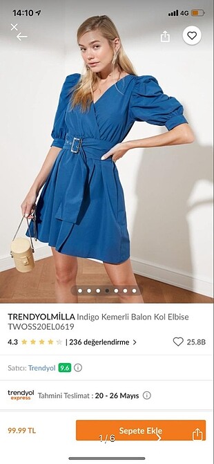 Trendyol mavi kemerli elbise