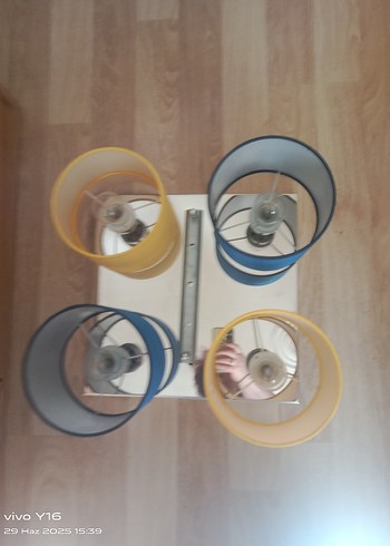 Beden mavi Renk Mavi ve Sarı Kumaş Abajurlu Tavan Lambası