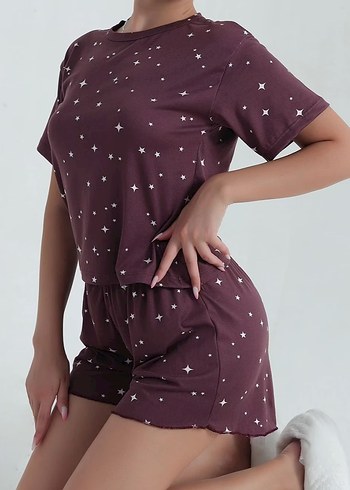 Mor Kısa Kollu Bağlama Desenli Kadın Pijama Takımı