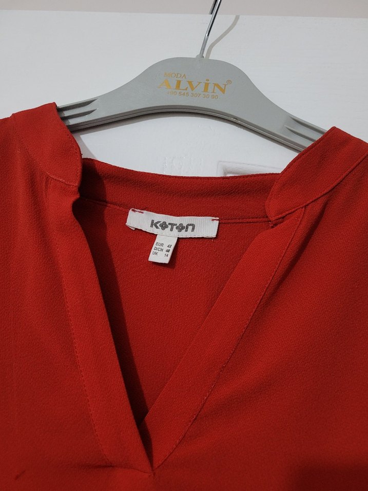 Kırmızı V Yaka Salaş Kadın Bluz - Görsel 4