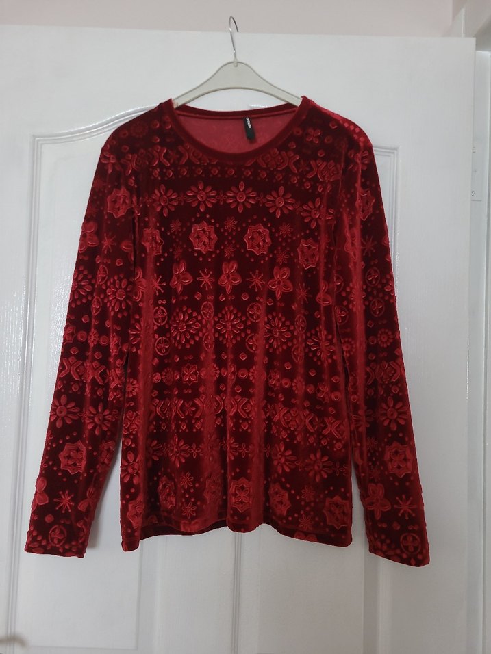 Uzun Kollu Kırmızı Desenli Bohem Bluz - Görsel 2