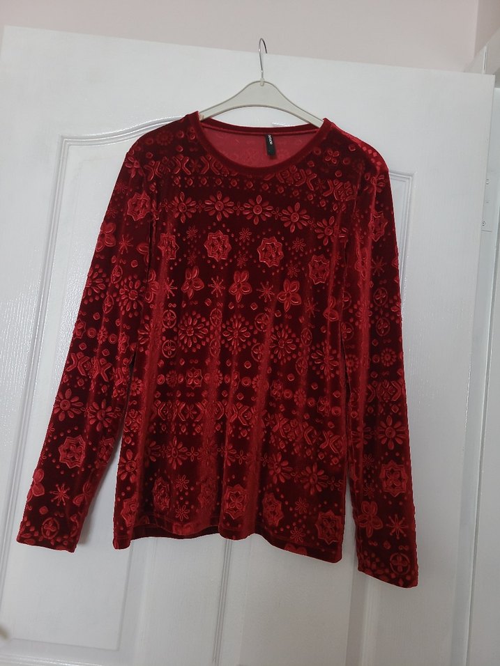 Uzun Kollu Kırmızı Desenli Bohem Bluz - Görsel 4