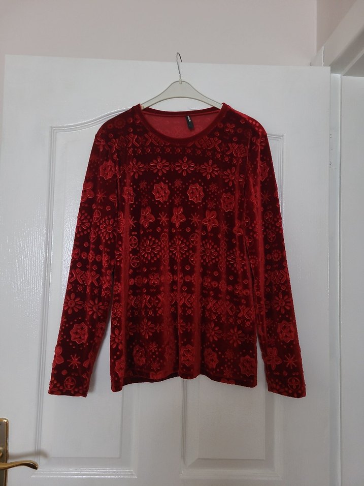 Uzun Kollu Kırmızı Desenli Bohem Bluz - Görsel 5