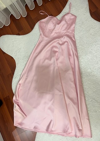 Pudra Pembe saten Uzun Abiye Elbise