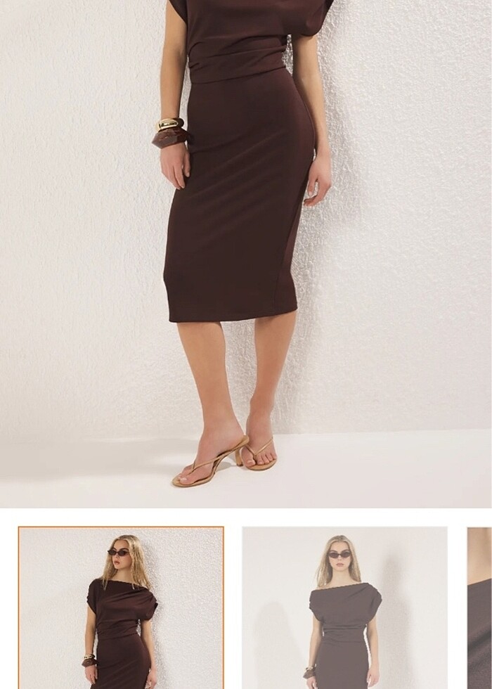 Kahverengi midi drape detaylı örme elbise - Görsel 2