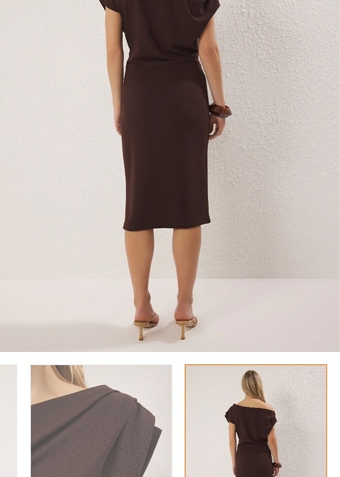 Kahverengi midi drape detaylı örme elbise - Görsel 3