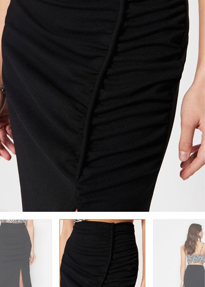 Siyah yüksek bel drape ve yırtmaç detaylı etek - Görsel 2