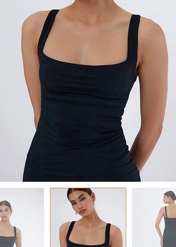 Siyah Uzun İnce Askılı Kadın Elbise - Görsel 2