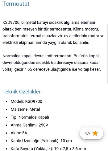 KSD9700 65 Derece NC Metal Termostat - Robot Süpürge Uyumlu - Görsel 2