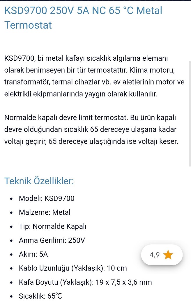 KSD9700 65 Derece NC Metal Termostat - Robot Süpürge Uyumlu - Görsel 2