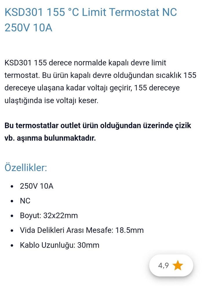 KSD301 155 Derece Limit Termostat NC 10A - Emniyet Sensörü - Görsel 2