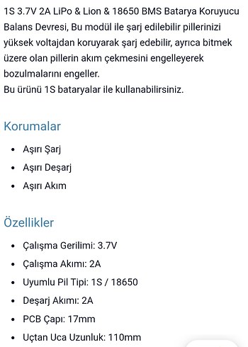 1S 3.7V 2A BMS Pil Koruma Devresi Li-ion 18650 Lipo Uyumlu - Görsel 3