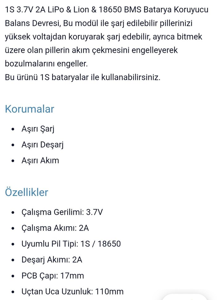 1S 3.7V 2A BMS Pil Koruma Devresi Li-ion 18650 Lipo Uyumlu - Görsel 3