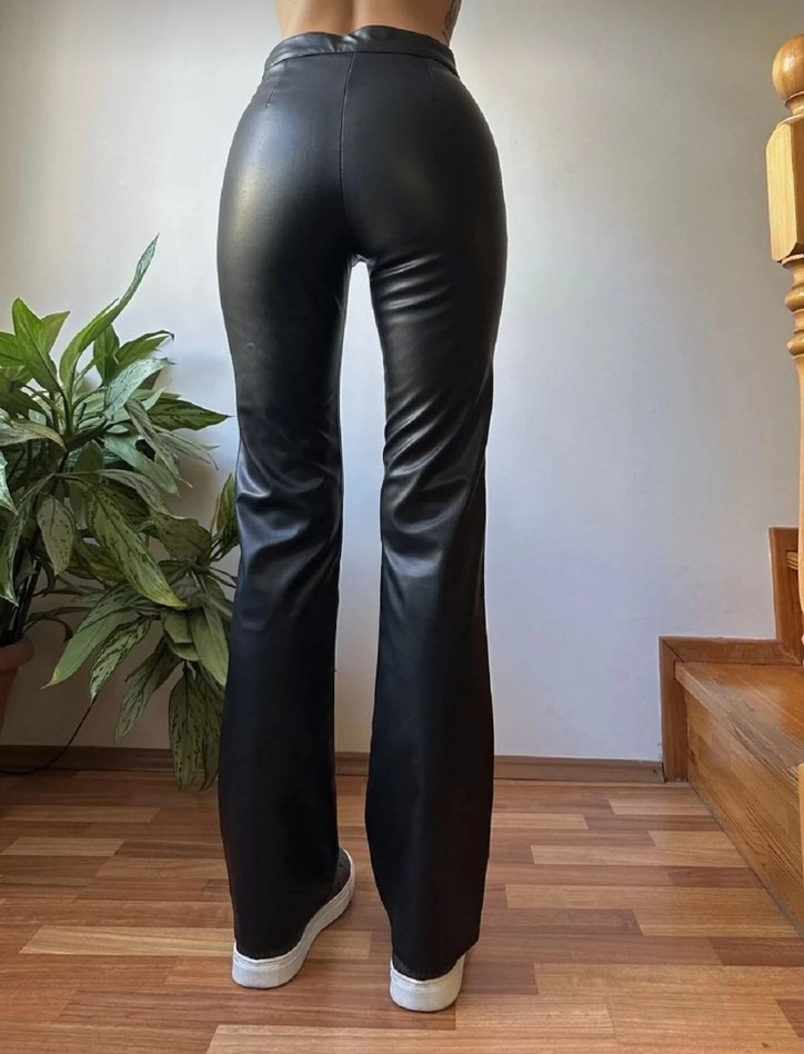 İspanyol Paça Siyah Deri Kadın Pantolon - Görsel 2