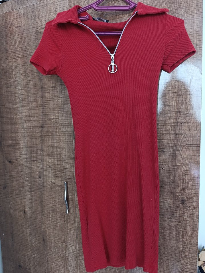 Kırmızı Fermuarlı Mini Kadın Elbise - Görsel 2