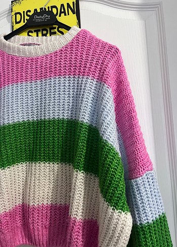 Çizgili Örgü Kadın Kazak - Görsel 2