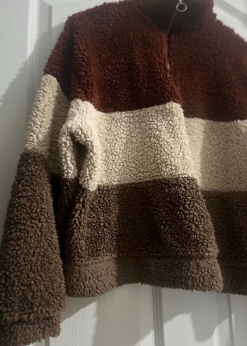 Kahverengi Peluş Kadın Yarım Fermuarlı Kazak - Görsel 4