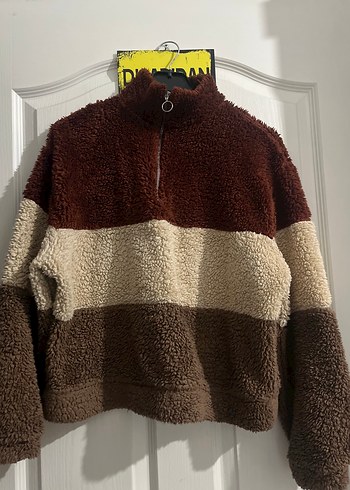 Kahverengi Peluş Kadın Yarım Fermuarlı Kazak - Görsel 2