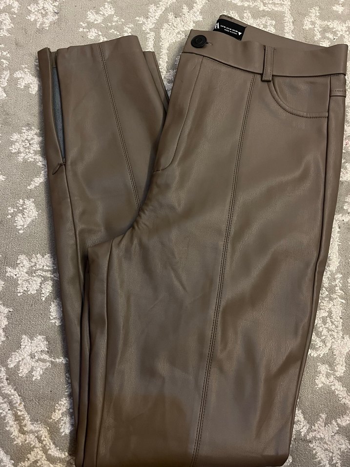 Deri Midi Kadın Pantolon, Fermuarlı, Kahverengi - Görsel 3